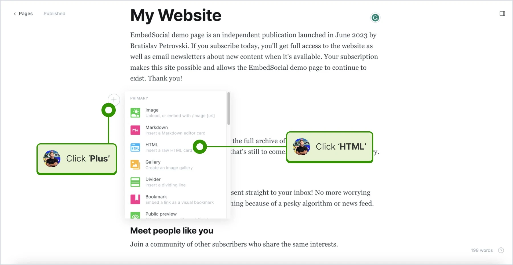clicking on the plus sign and html