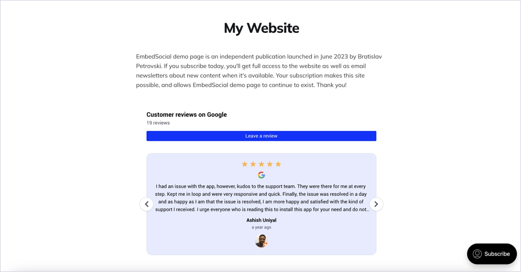 Ghostに埋め込まれたGoogleレビューウィジェットの例