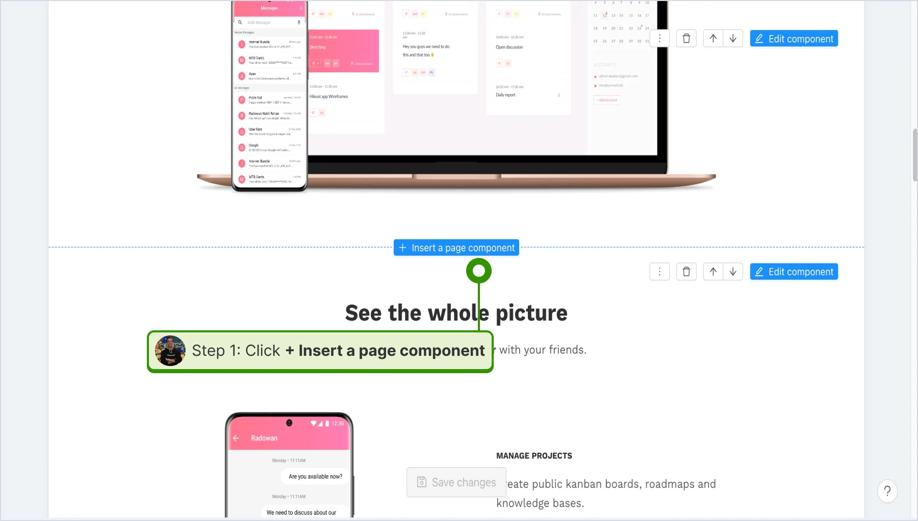 Clicking on insert a page component
