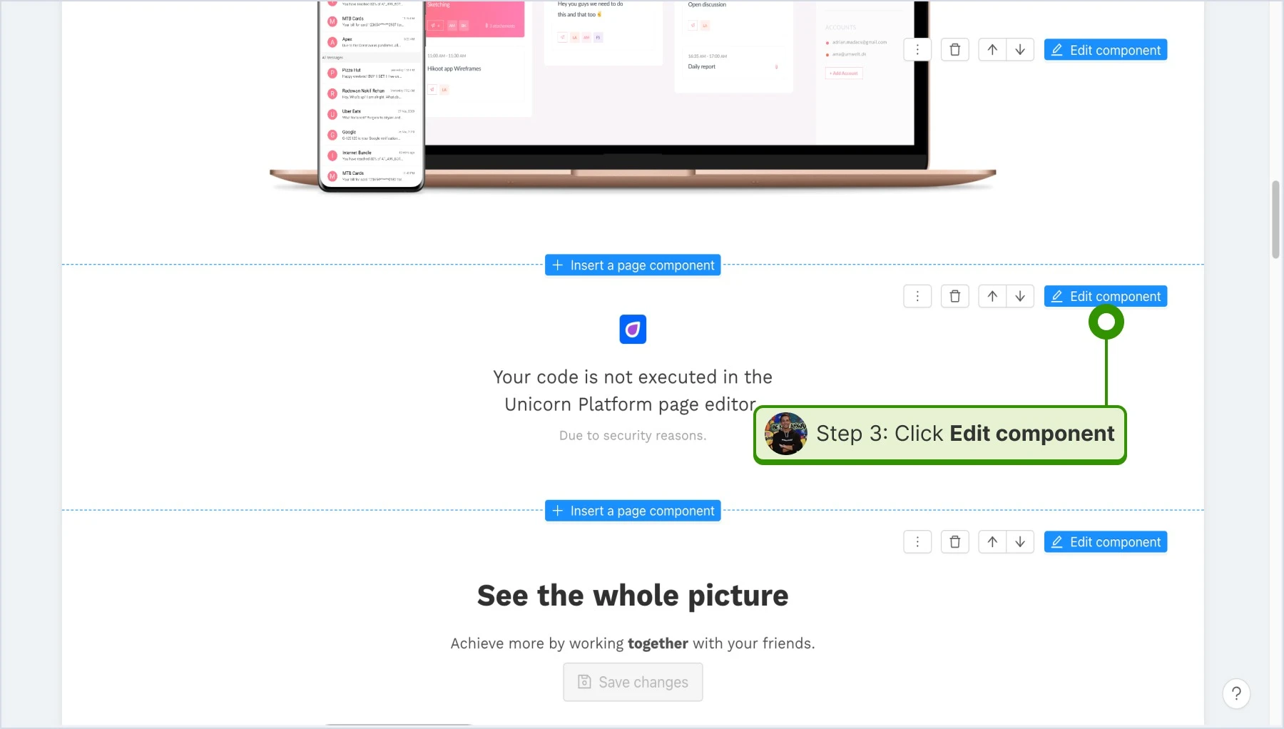 clicking on edit component