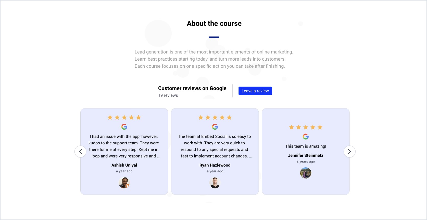GetResponseに埋め込まれたGoogleレビューウィジェットの例