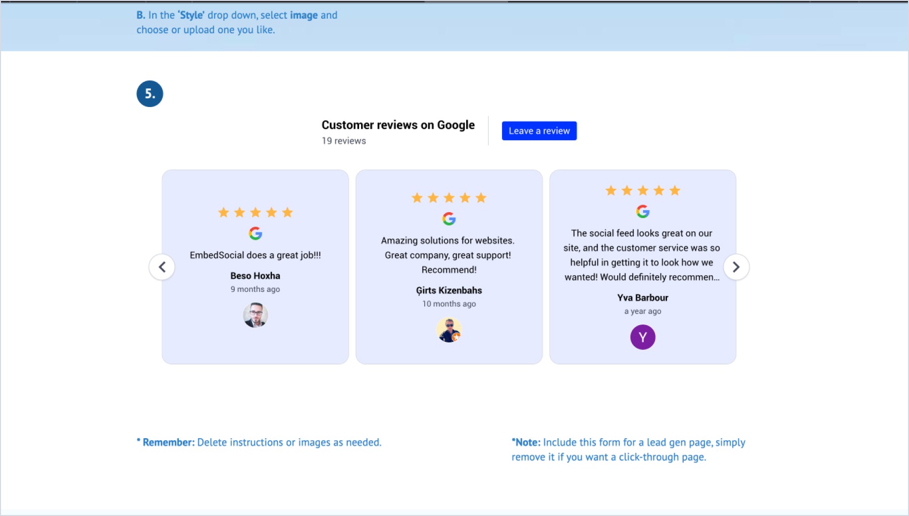 UnbounceでのGoogleレビューウィジェットの例