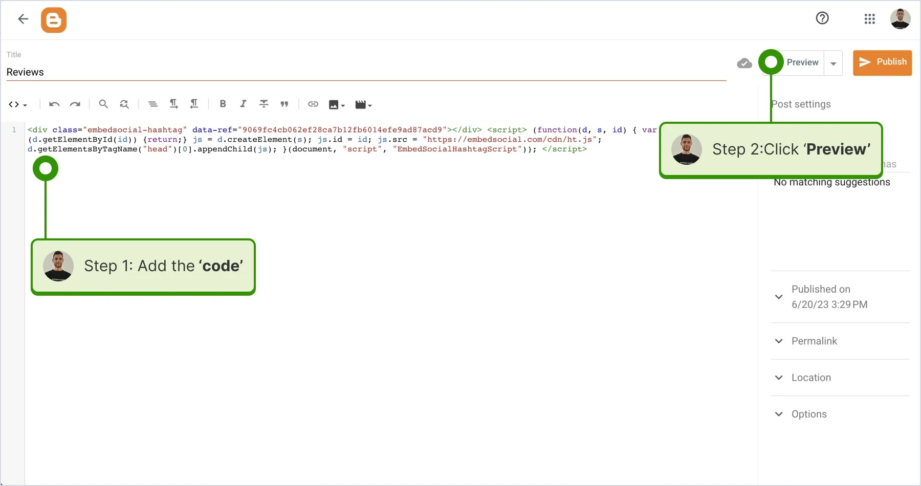 Adding the widget code and clicking preview