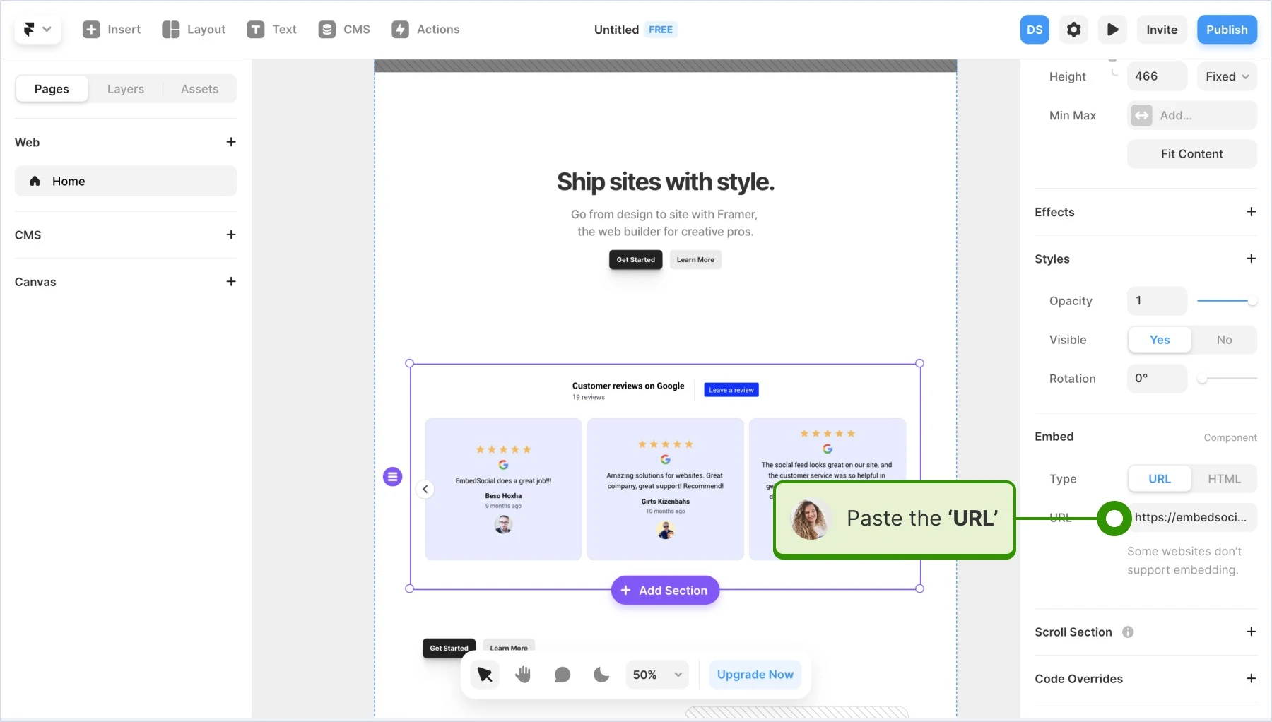 Pasting the widget URL