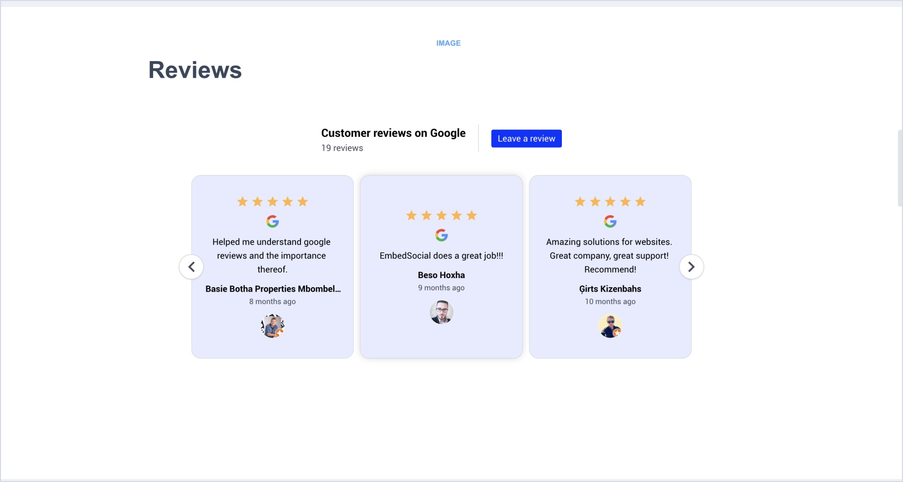 Instapageに埋め込まれたGoogleレビューウィジェットの例