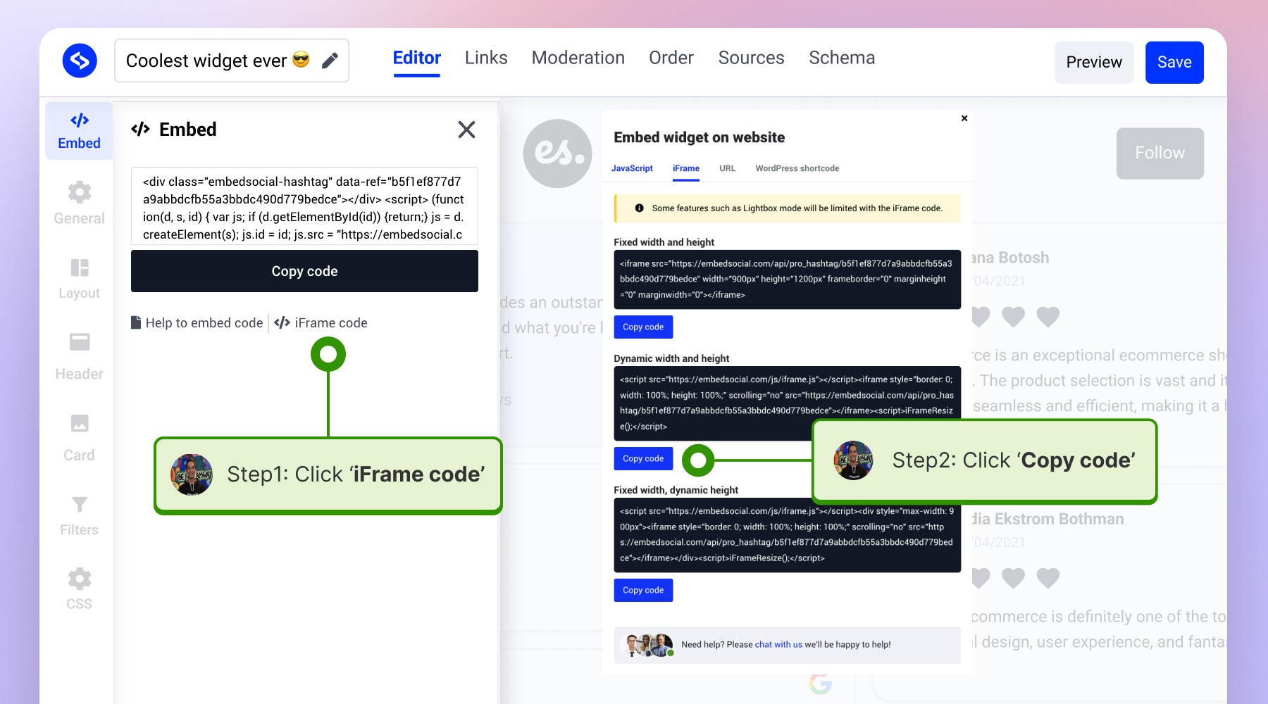 Iframe codeを開いてコードをコピーしている画面