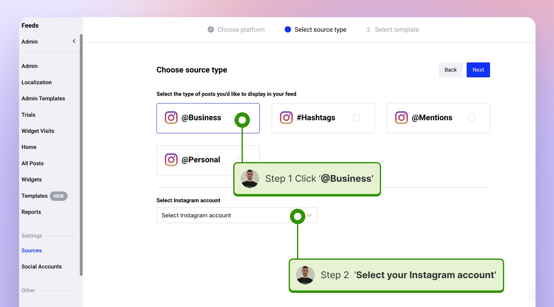 sourcesをクリックし、Instagramソース、Businessソースタイプを選び、Instagramアカウントを選択する画面