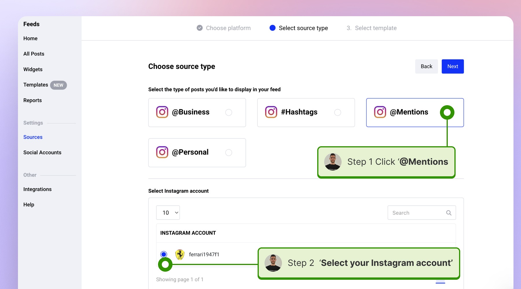 sourcesをクリックし、Instagramソース、Instagramメンションソースを選び、Instagramアカウントを選択する画面
