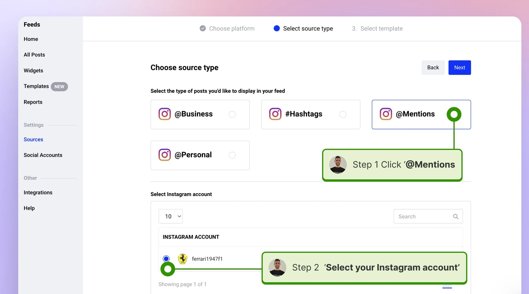 Clicking sources, clicking Instagram source, clicking Instagram mention source, selecting your Instagram account 