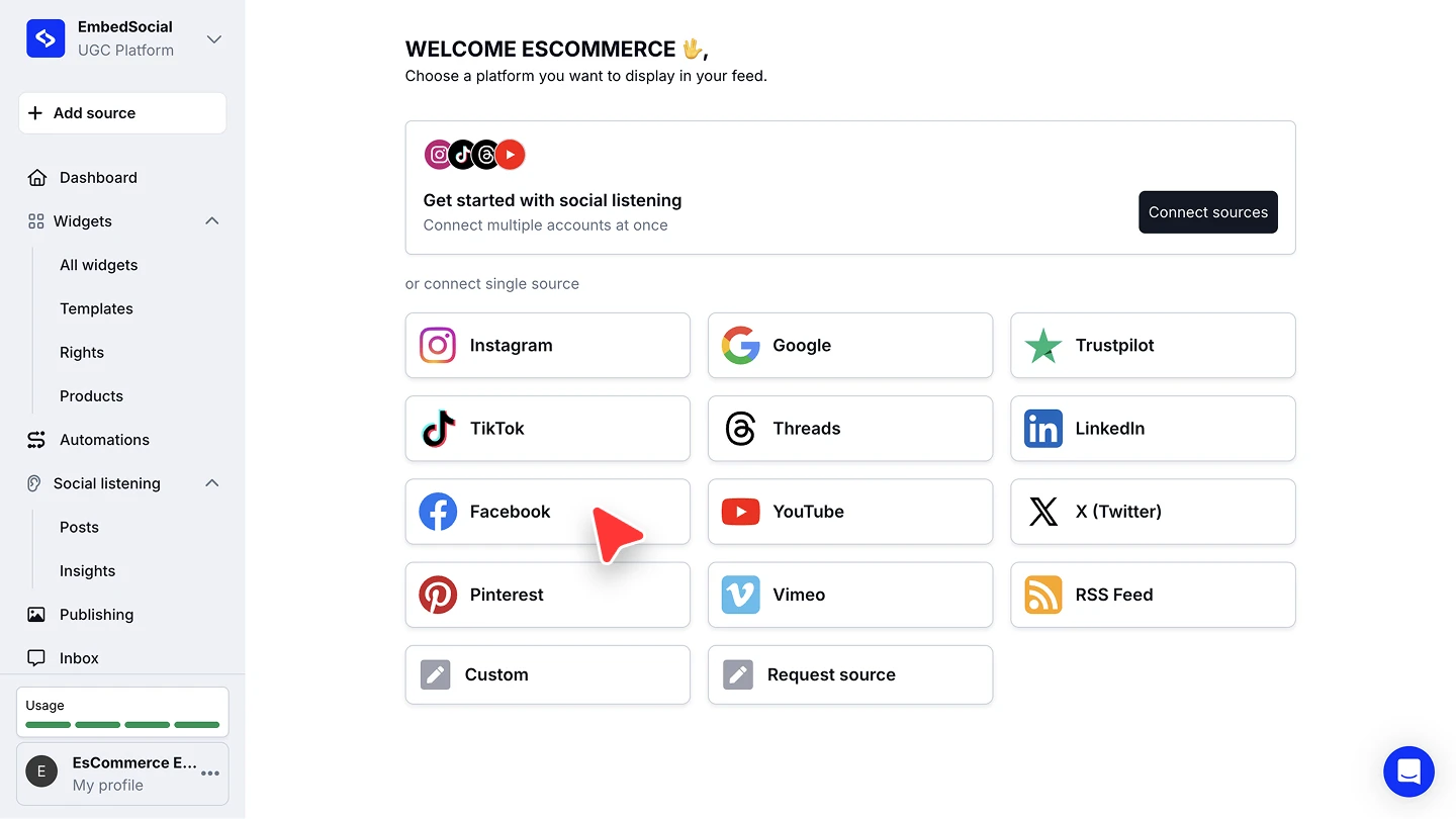 Choosing Facebook from the list of source platforms