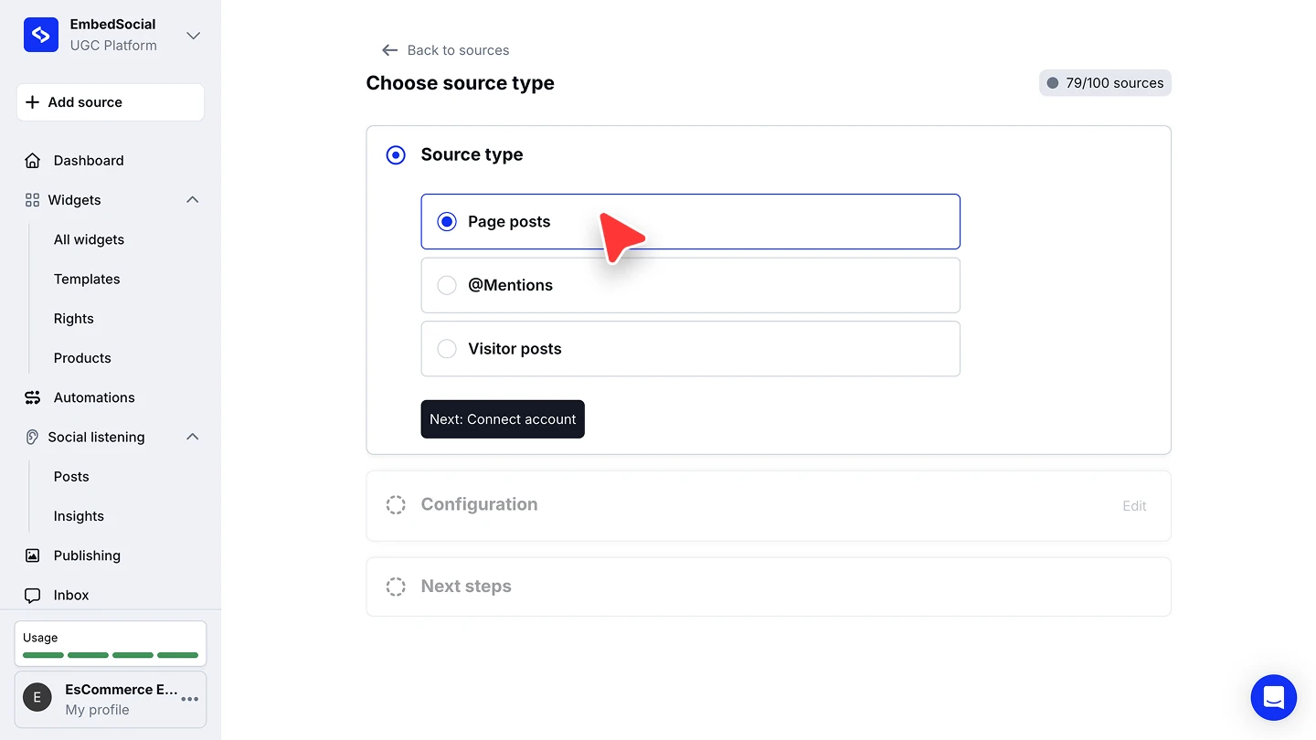 The Choose source type screen with Page posts, @Mentions and Visitor posts as the options