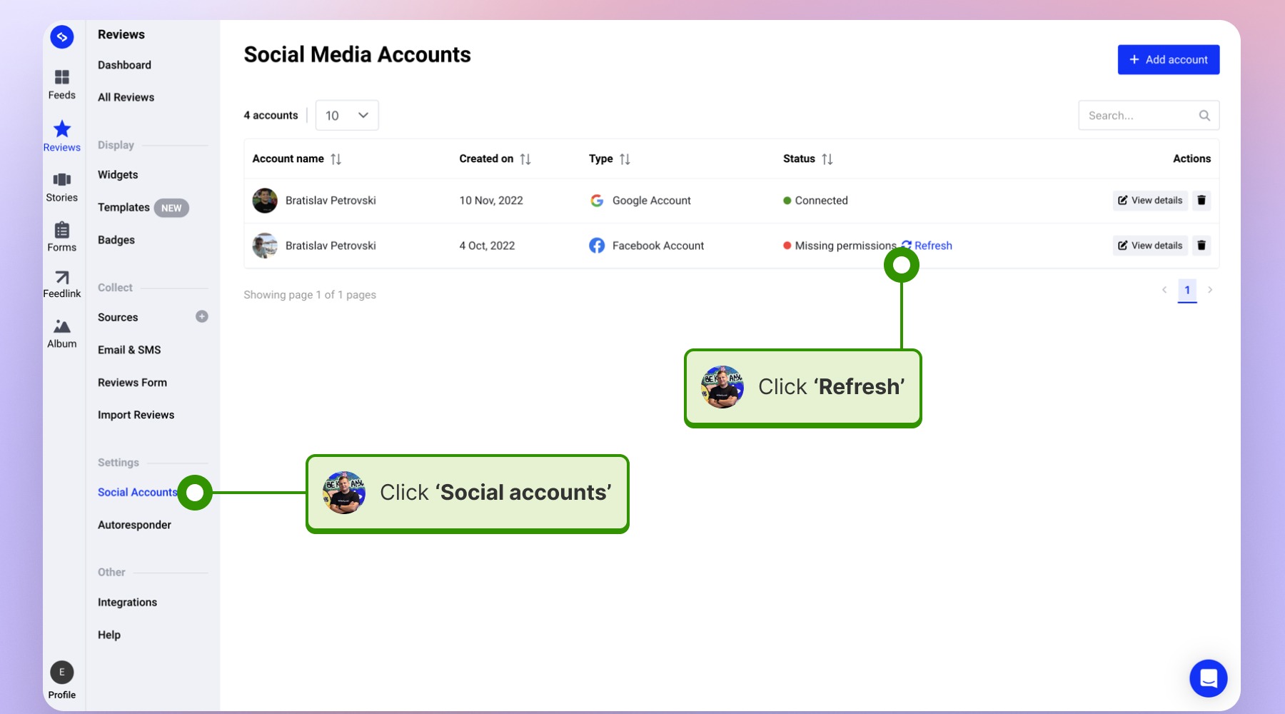 Facebookアカウントの横にRefreshボタンが表示されたSocial accounts画面