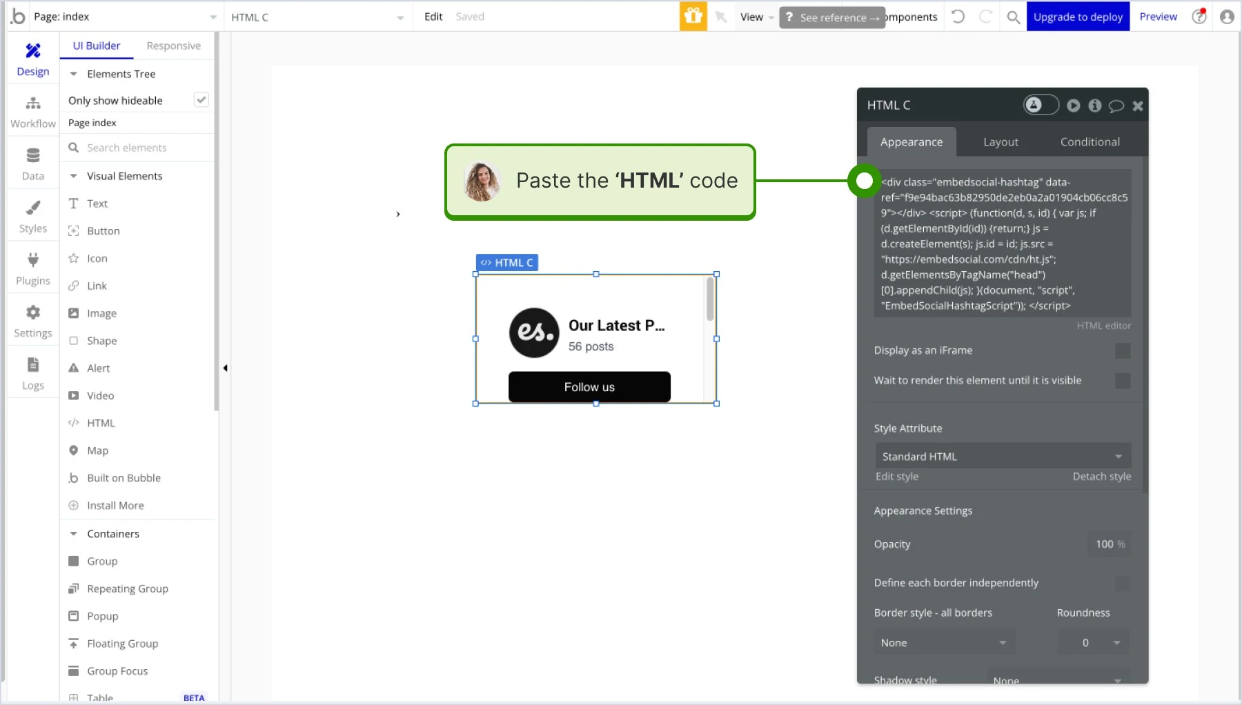 pasting the HTML code on the popup in Bubble