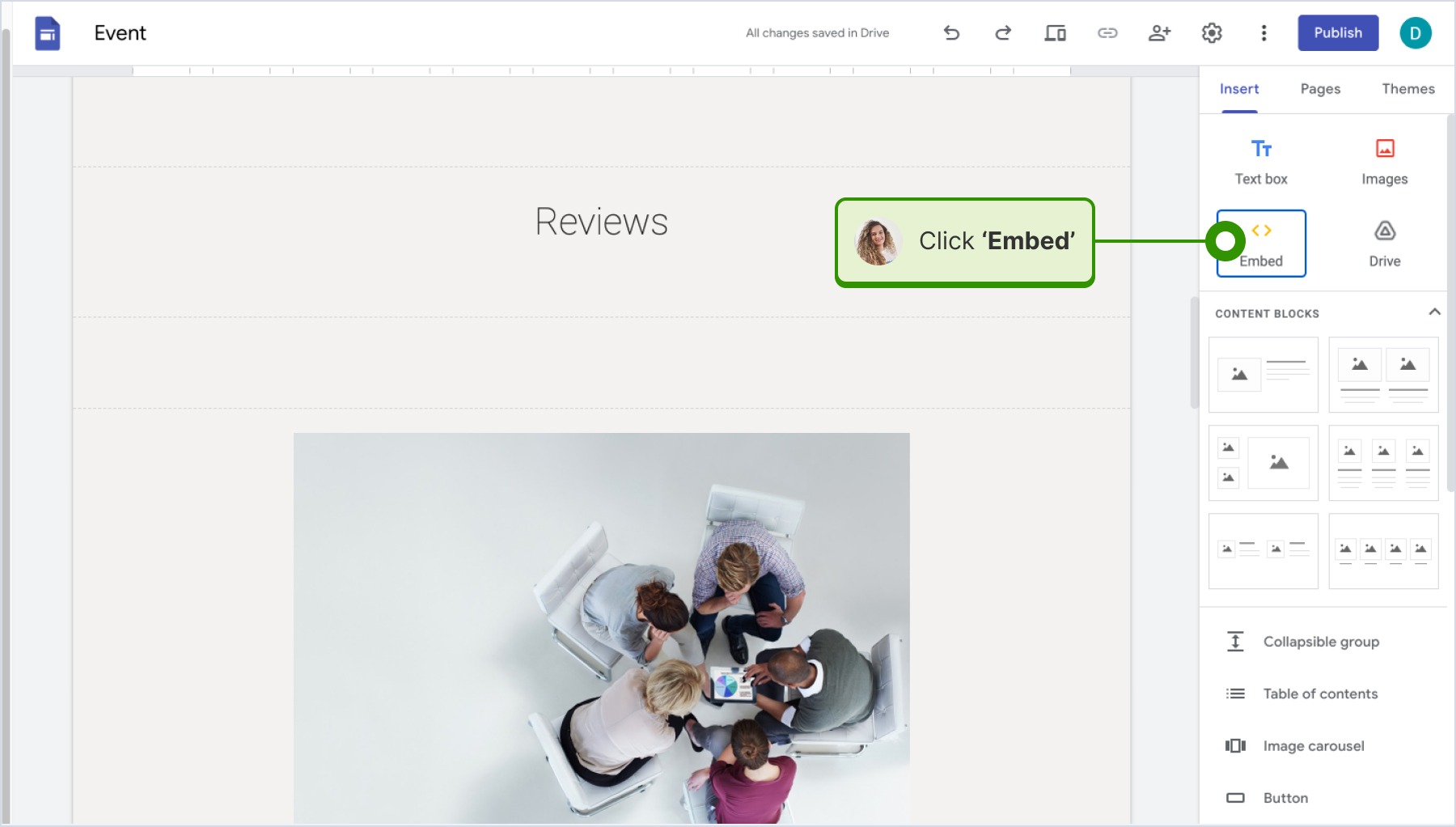 Google SitesでEmbedをクリックしている画面