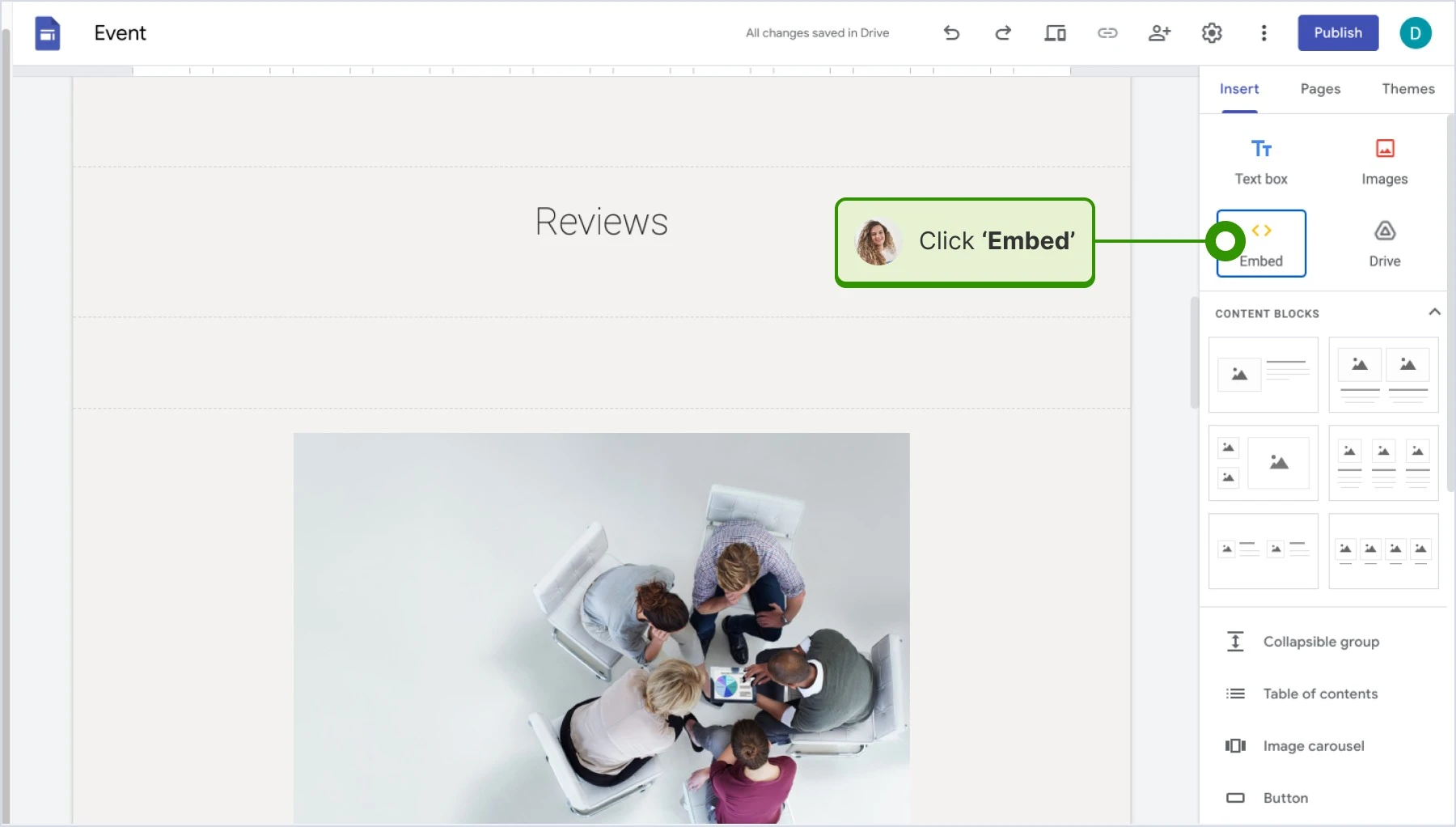 Clicking on 'Embed' on Google Sites