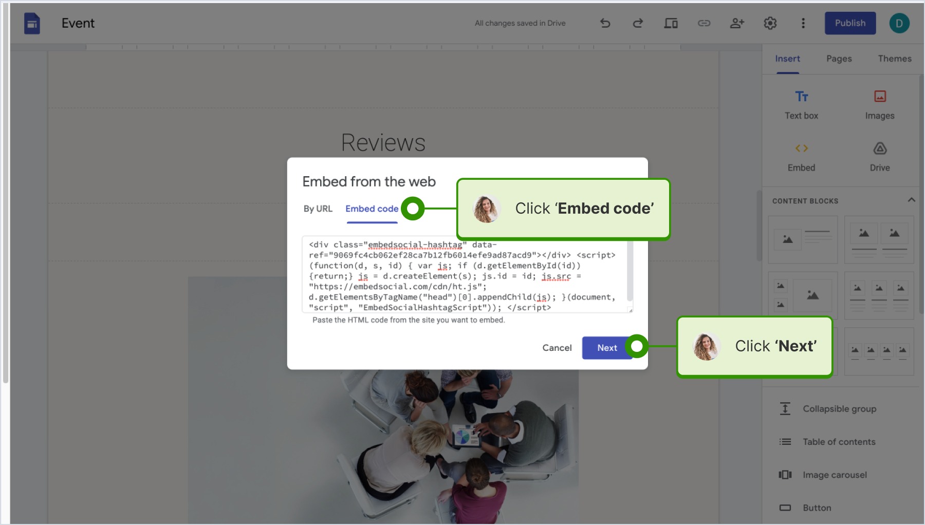 Embed codeを選択してコードを貼り付け、Nextをクリックしている画面