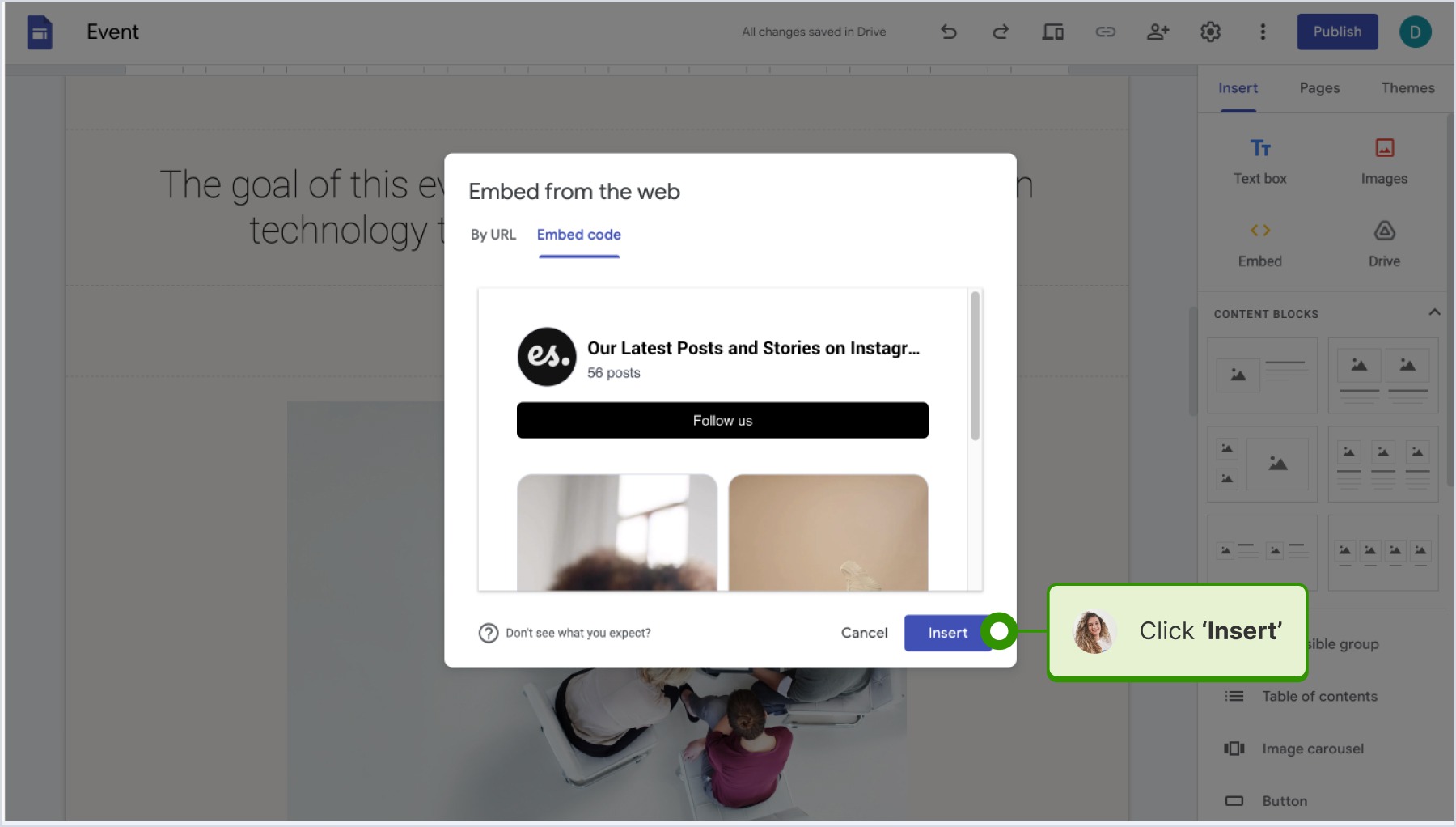 Google SitesでInsertをクリックしている画面