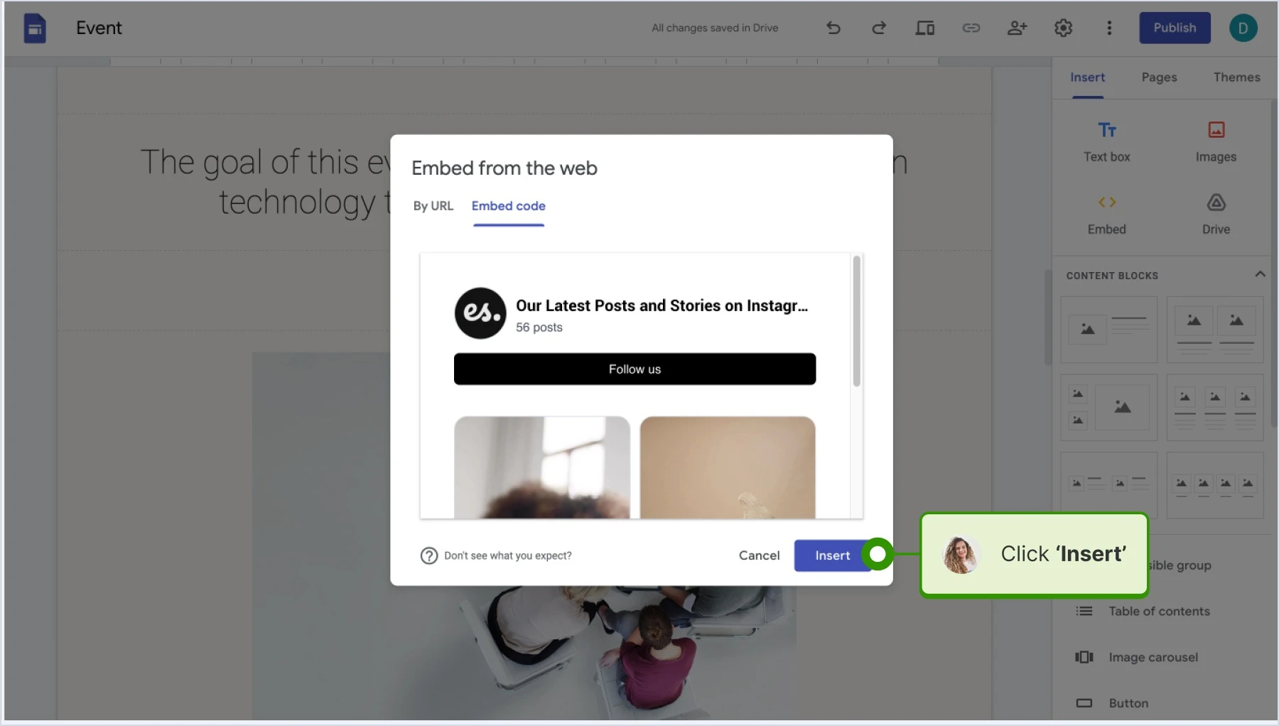 Clicking 'Insert' on Google Sites