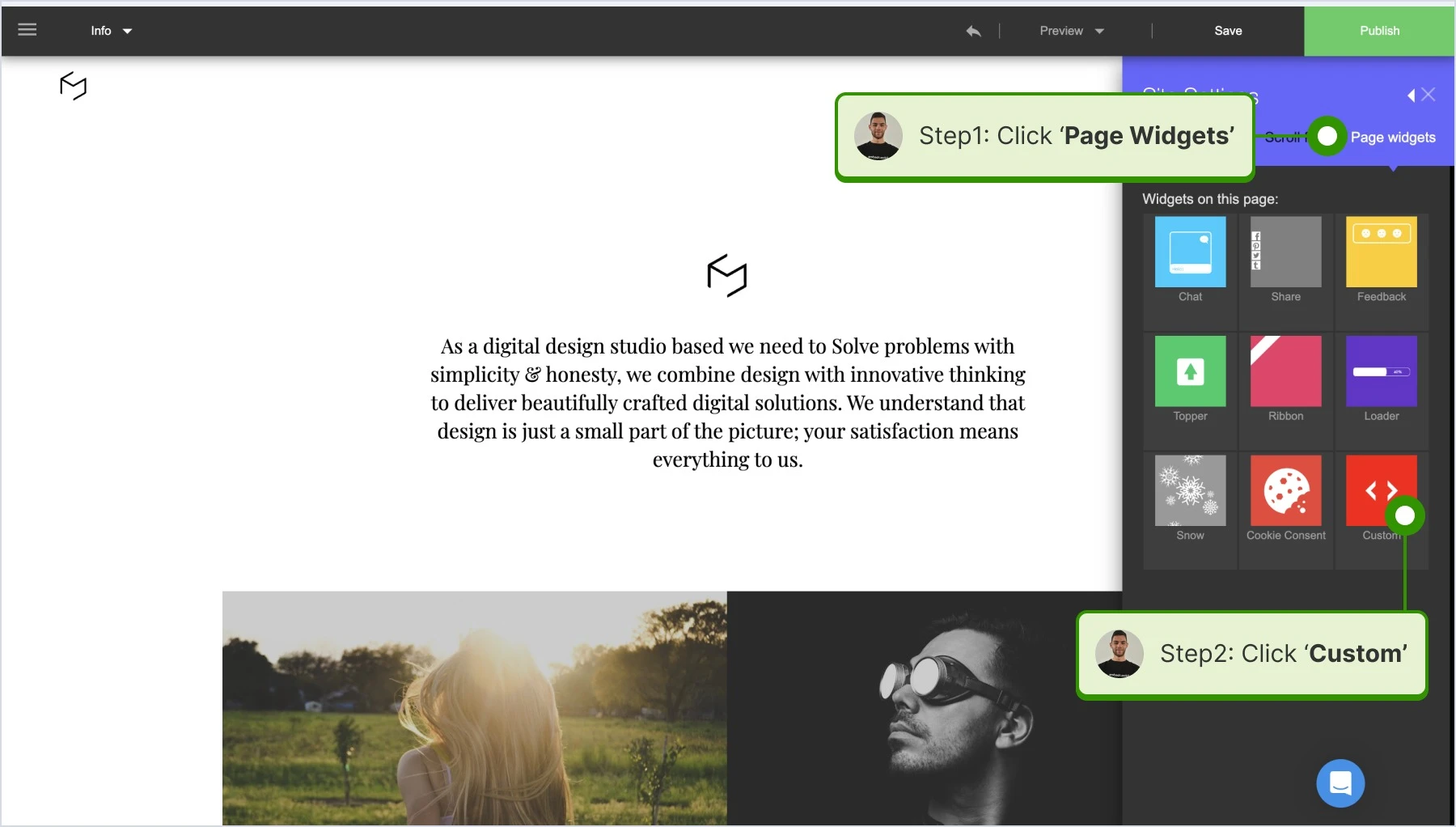 Selecting 'Page widgets' on the popup