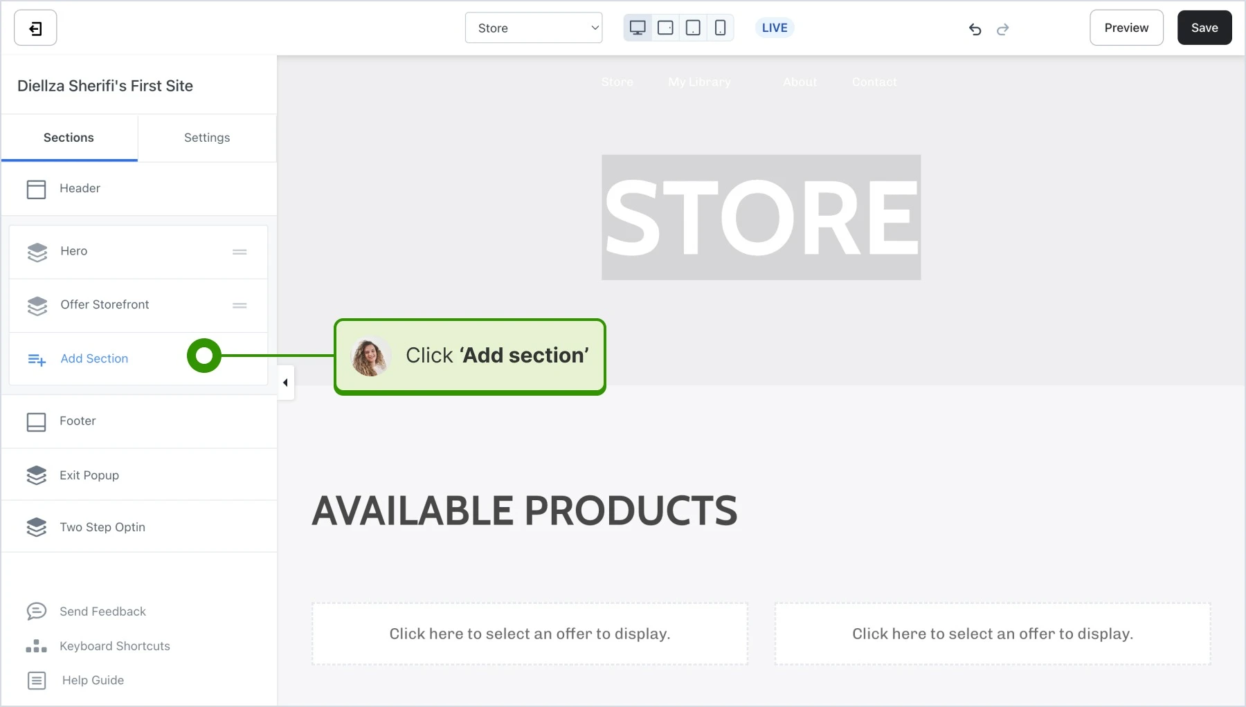 Clicking on 'Add section' button on the Kajabi editor