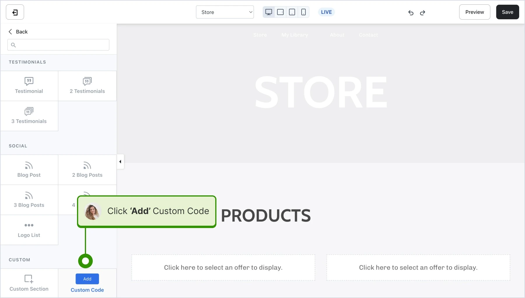 Selecting 'Add custom code' button in the Kajabi editor