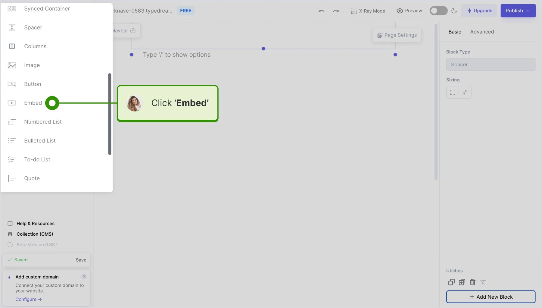 Selecting the 'Embed' option