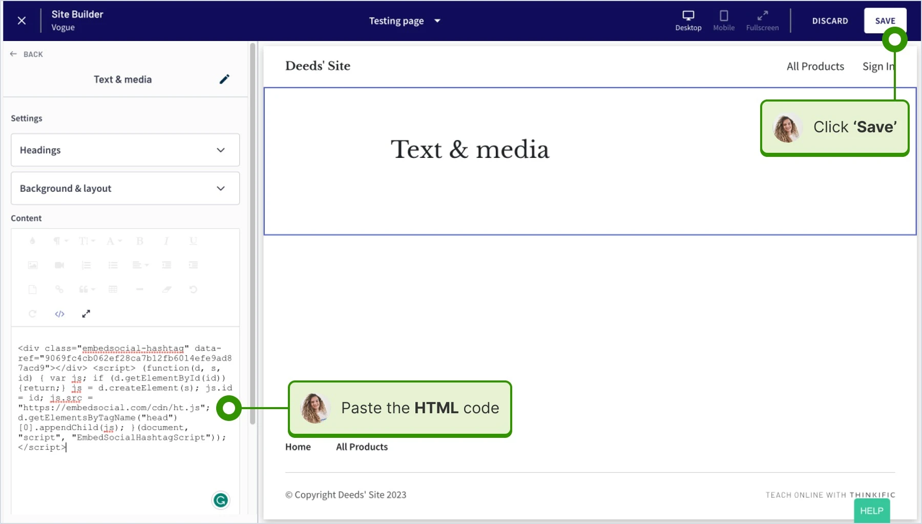 Inserting the widget code and clicking 'Save' on my page in Thinkific