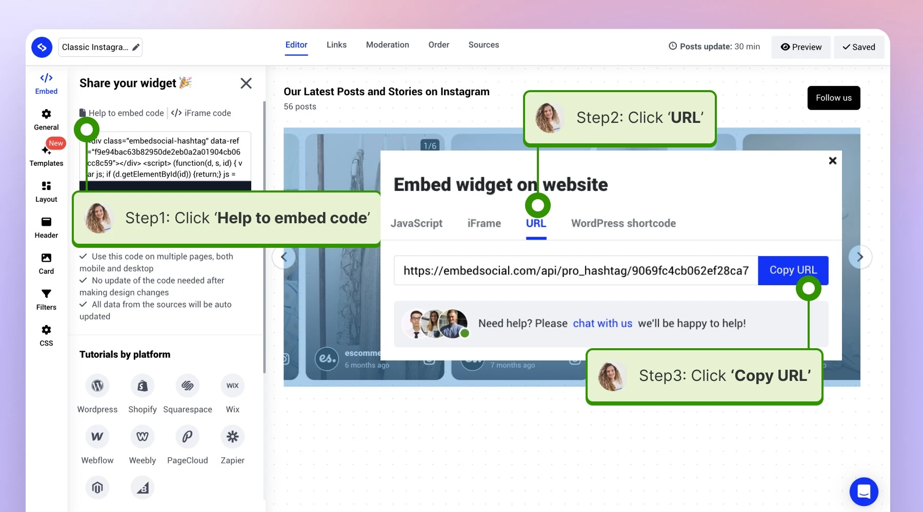 Clicking the Embed tab and copying the widget 'URL'
