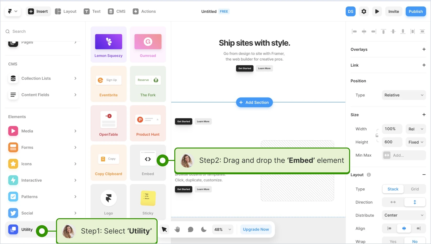 Selecting 'Utility' and dragging the 'Embed' element on the added section in Framer