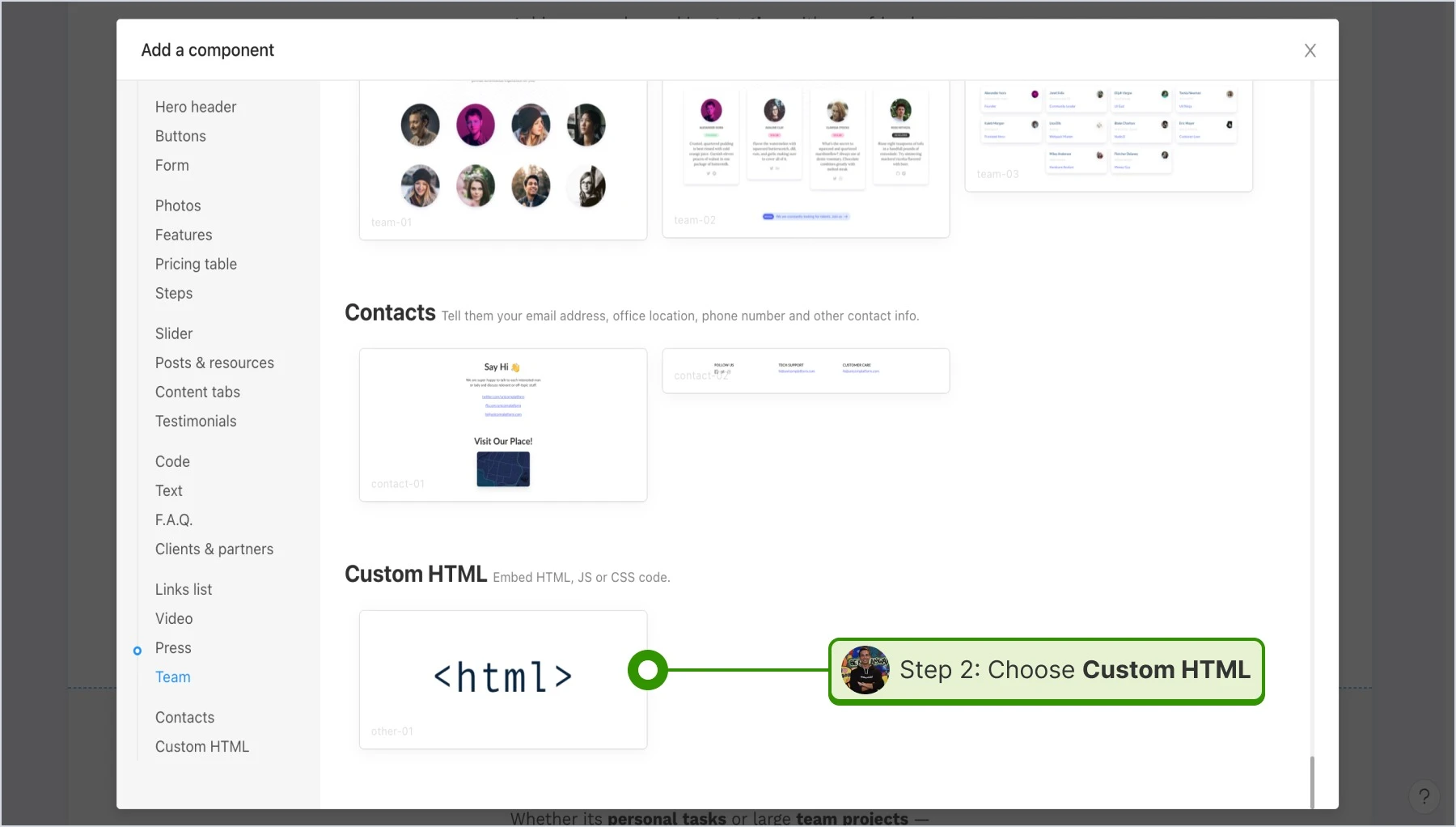 Choosing "Custom HTML"