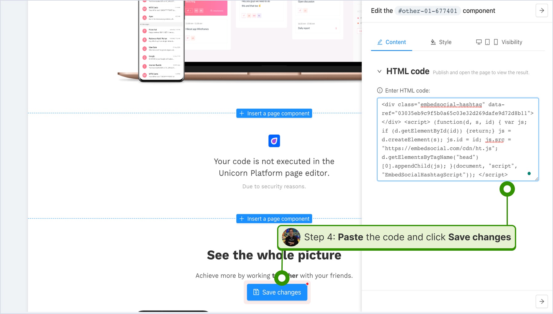 コードを貼り付けてSave changesをクリックしている画面