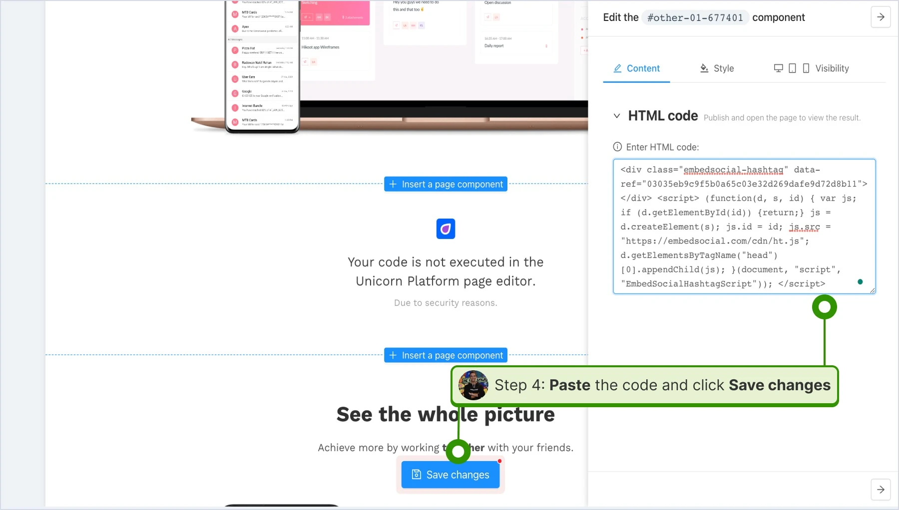Pasting the code and clicking "Save changes"