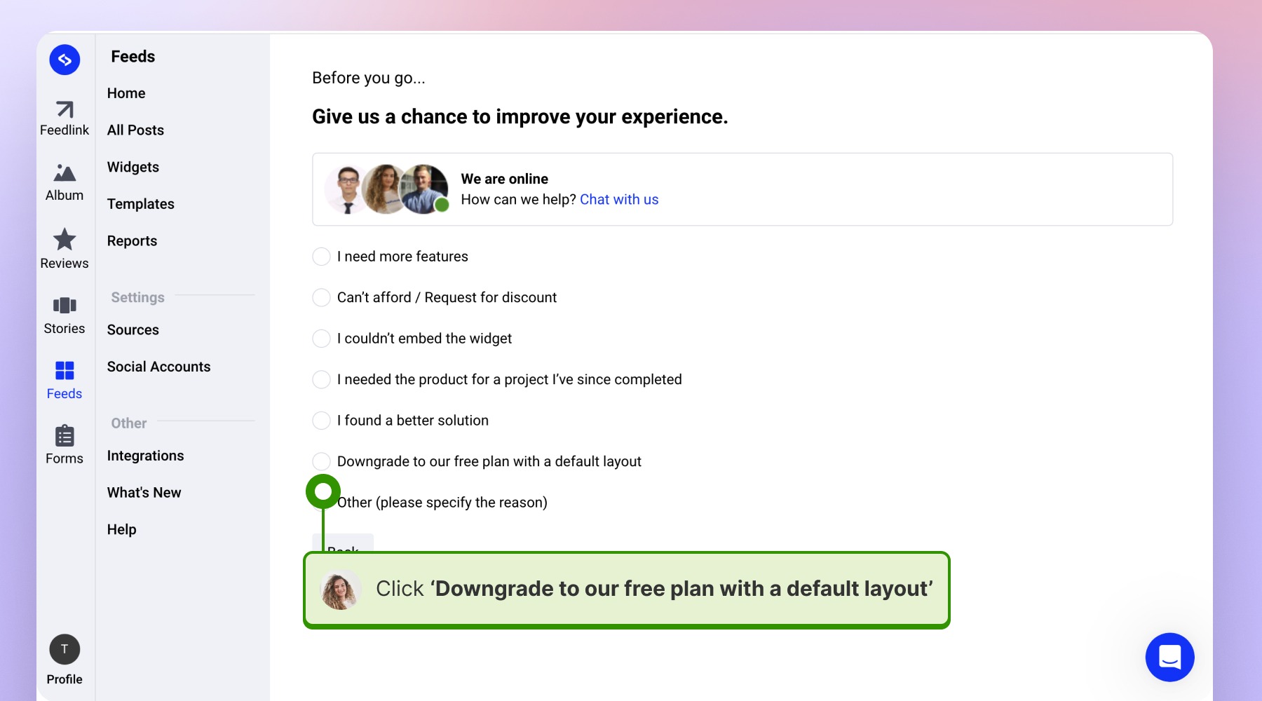 無料プランへのダウングレードを選択する
