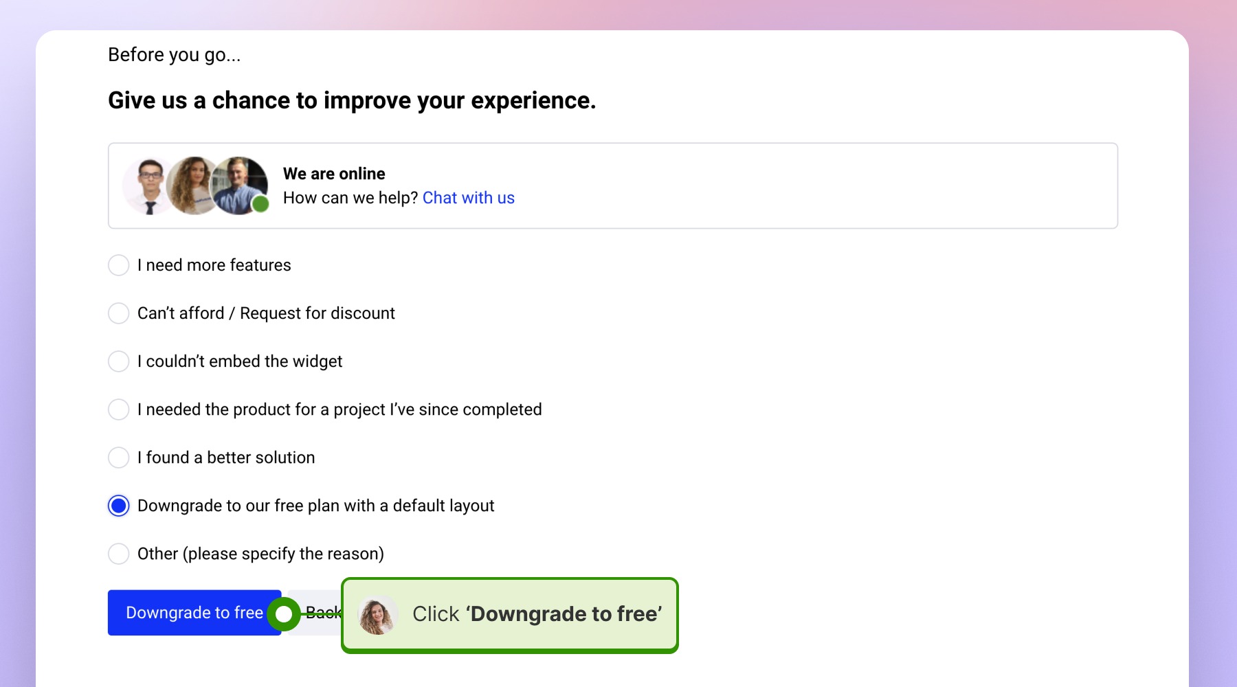BillingセクションでDowngrade to freeボタンをクリックする