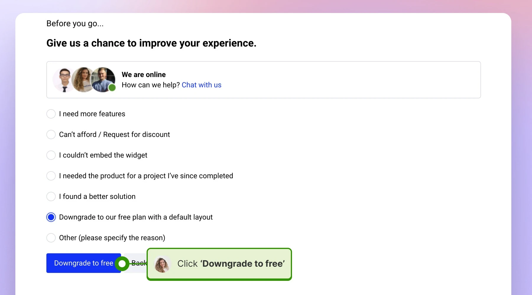 Clicking on the Downgrade to free button on the Billing section