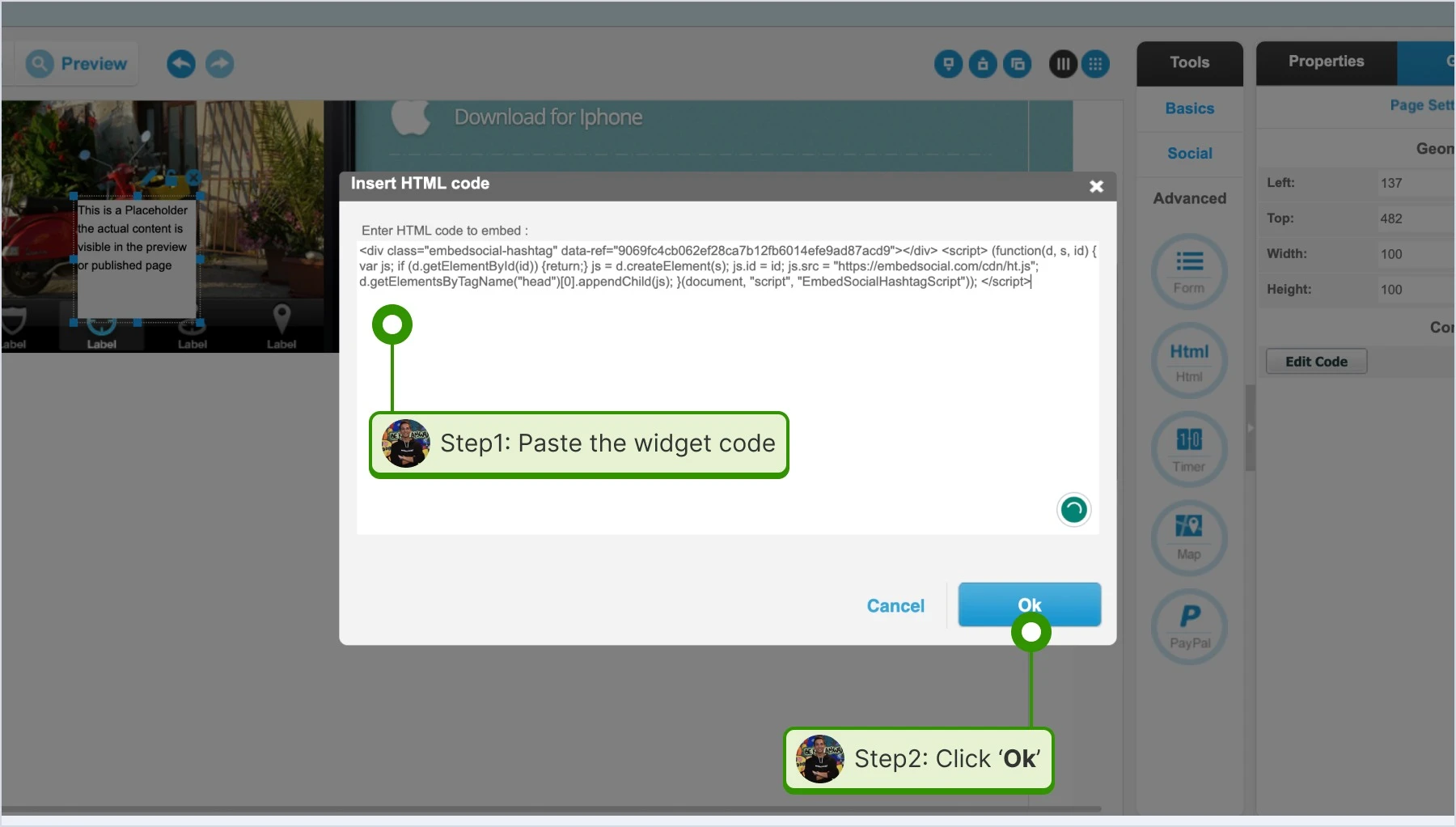 Pastin the widget code on the popup and clicking Ok
