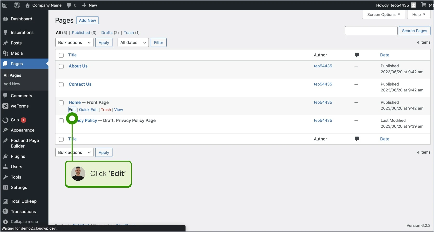 Clicking the 'Edit' button under the page where we want to embed the widget.