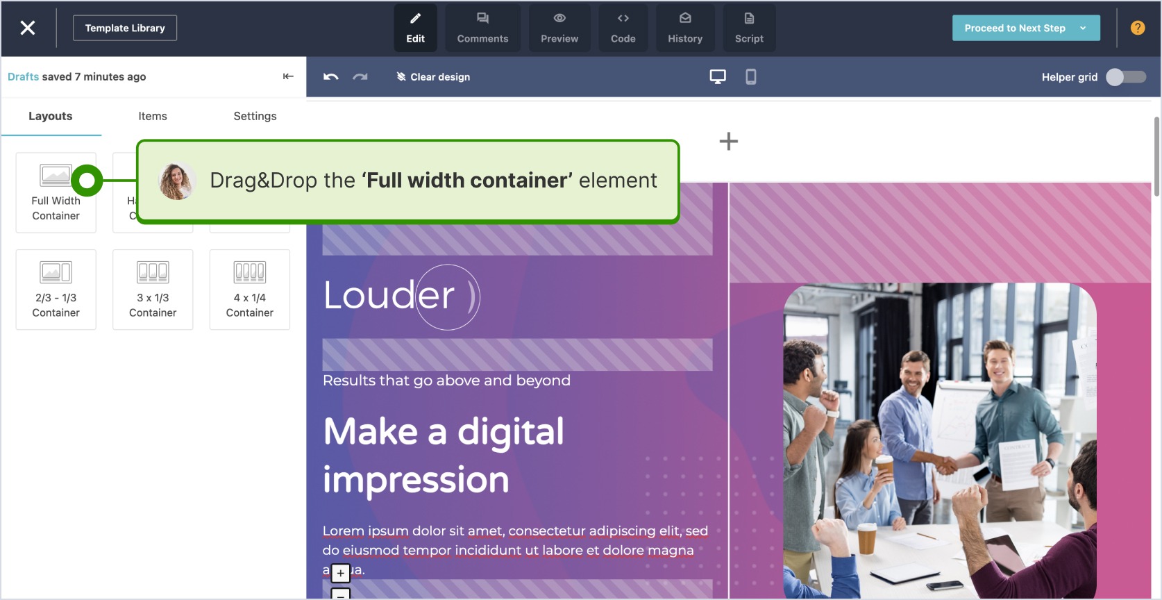 MoosendでページのセクションにFull width containerの要素を追加している画面