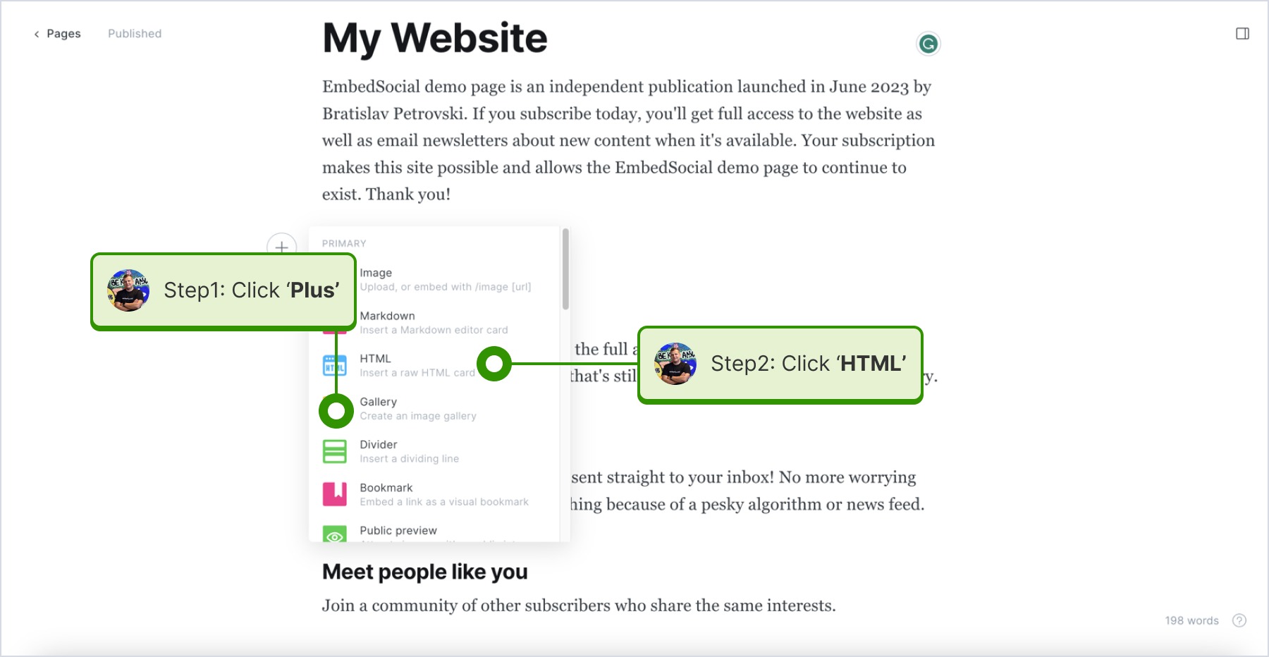 Ghostのサイトで空きスペースをクリックして(+)アイコンを表示し、HTMLを選択している画面