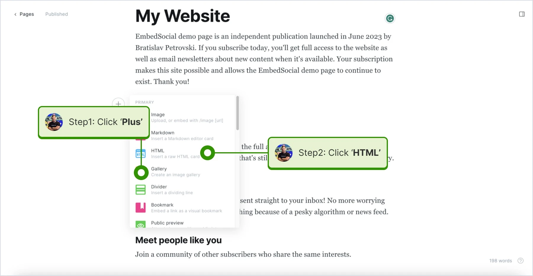 Clicking on a blank space to reveal the '(+)' icon and selecting the 'HTML' option in Ghost website
