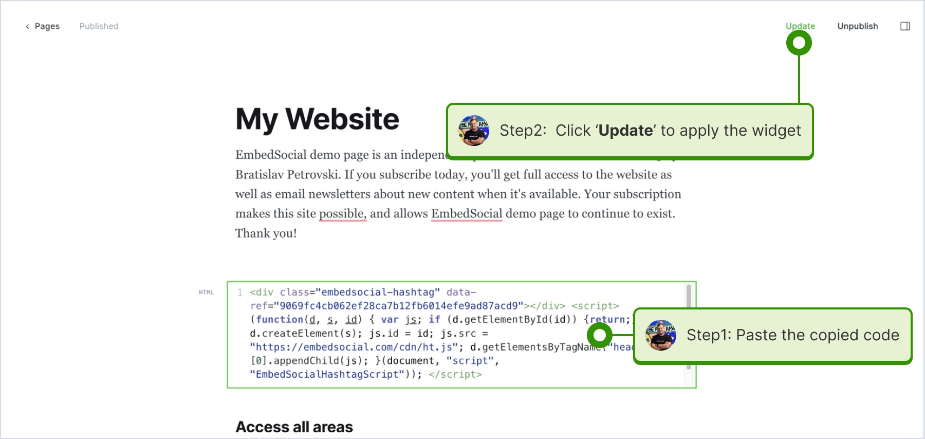 Ghostのページエディタで、EmbedSocialからコピーしたコードを貼り付けている画面