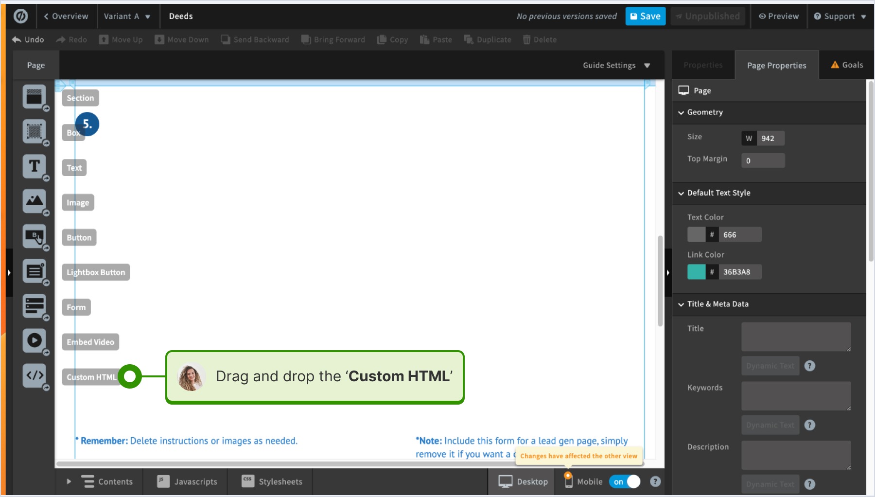 UnbounceのページでCustom HTMLのセクションをドラッグ＆ドロップしてウィジェットを配置する画面