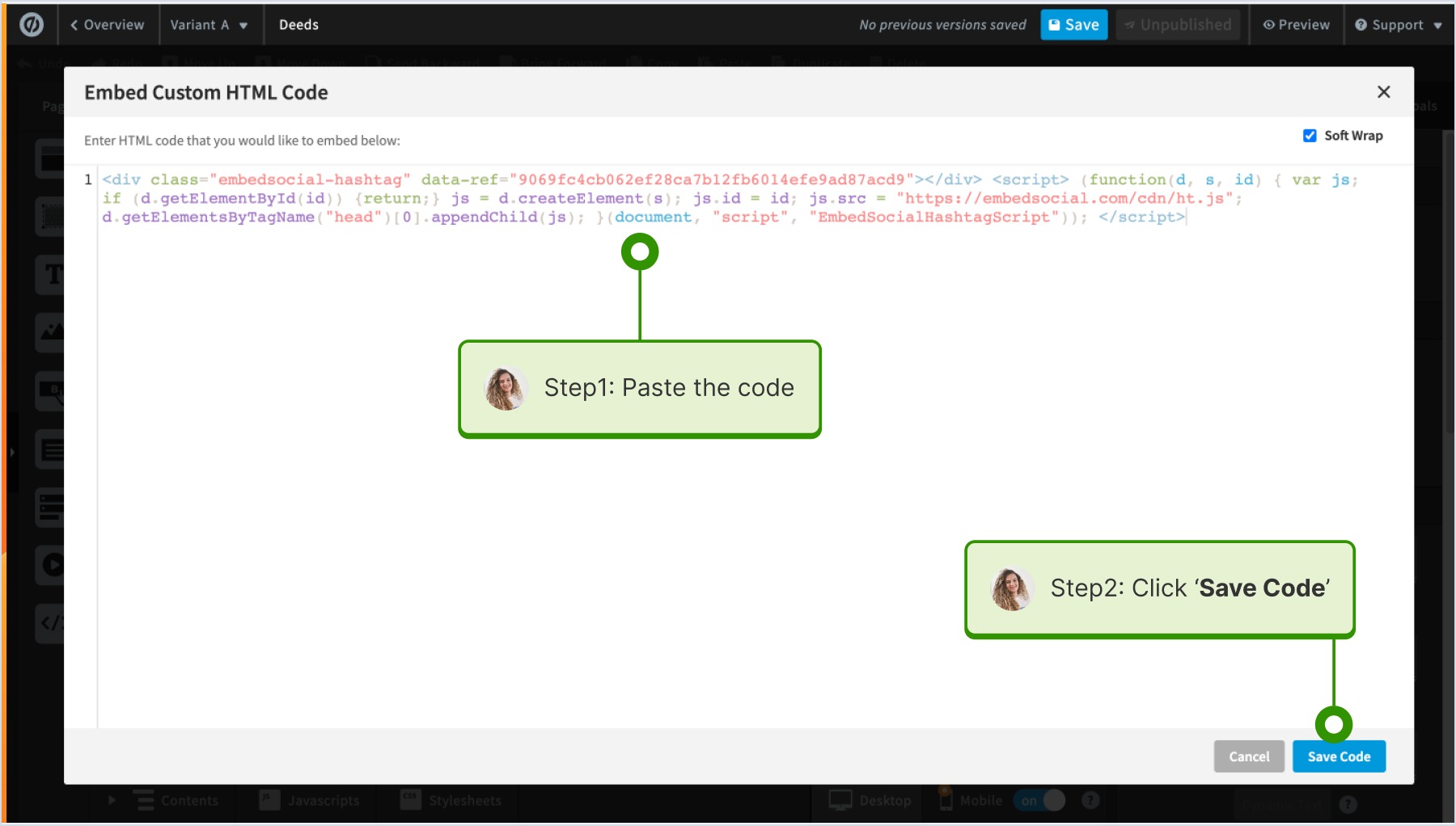 Embed Custom HTML codeのポップアップにコードを貼り付けてSave codeをクリックしている画面