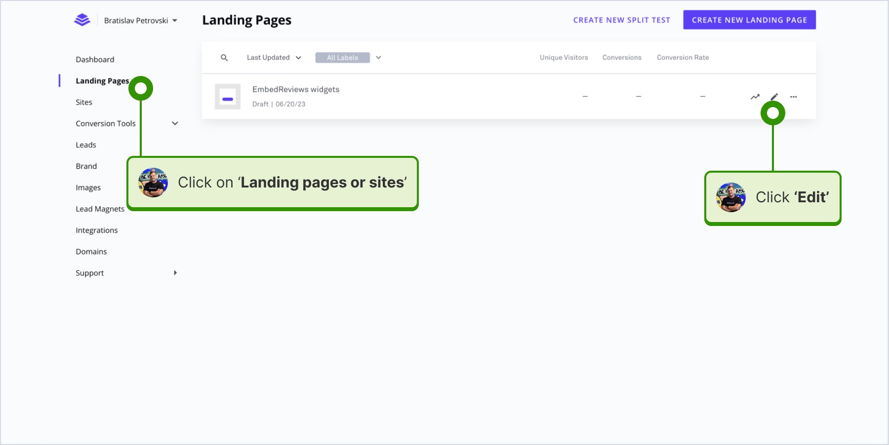 penの編集ボタンをクリックしてLeadpagesのWebサイトビルダーを開いている画面