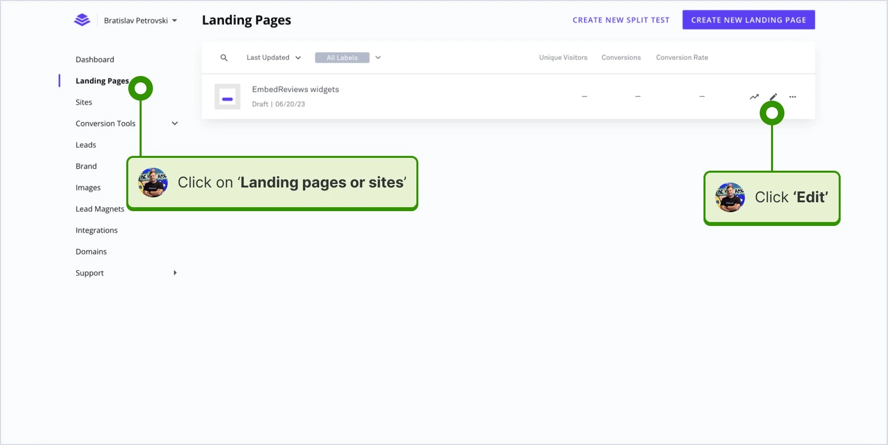 Clicking the 'pen' edit button to access the LeadPages website builder.
