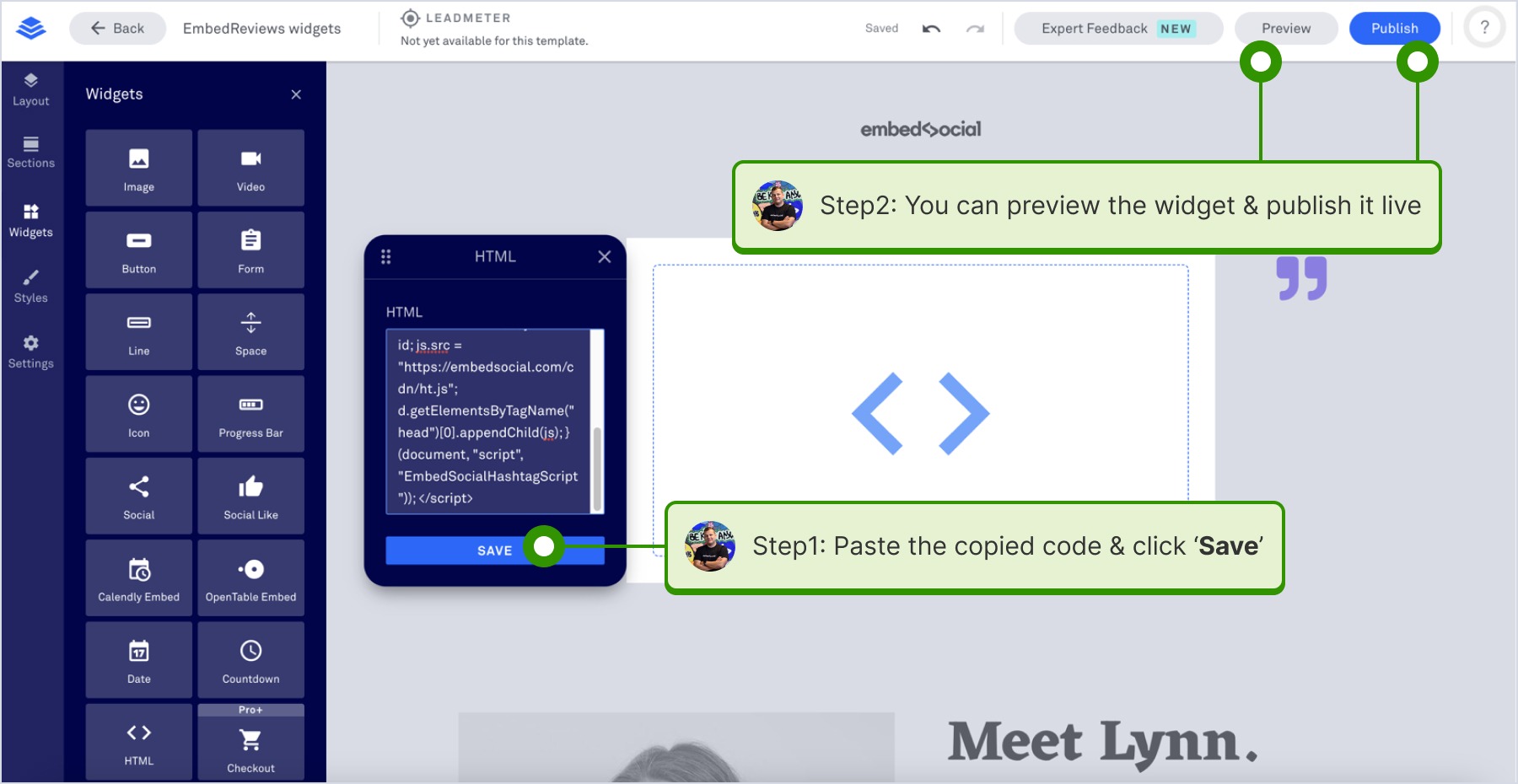 HTMLのブロックにウィジェットのコードを貼り付け、Saveをクリックしてウィジェットを適用している画面