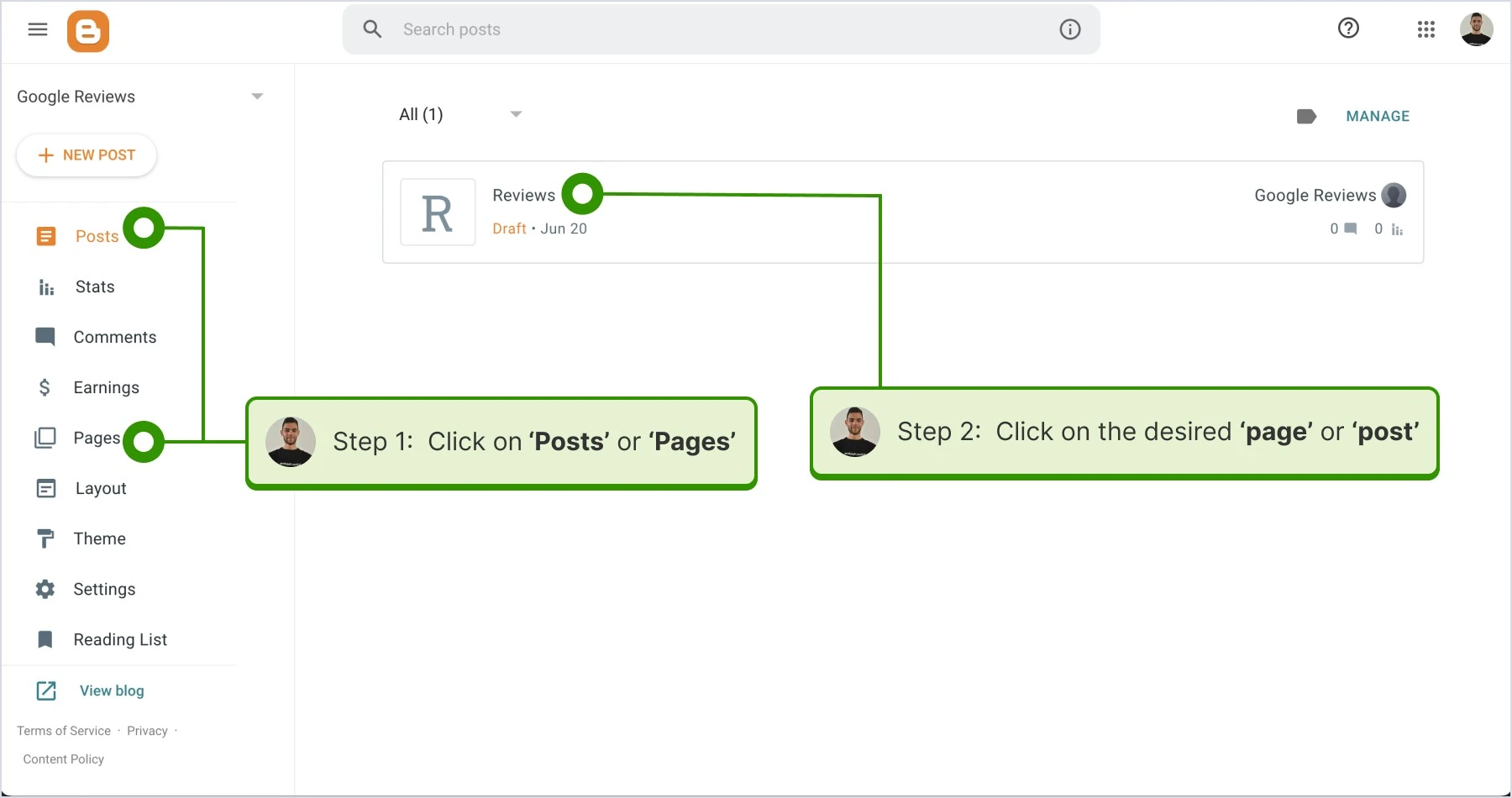 clicking on page and posts and selecting the desired page