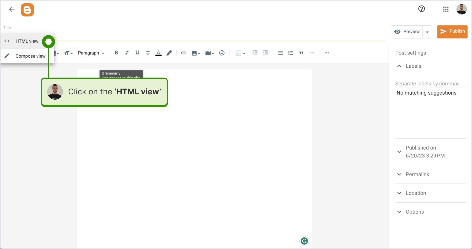 HTML viewのオプションを選択している画面