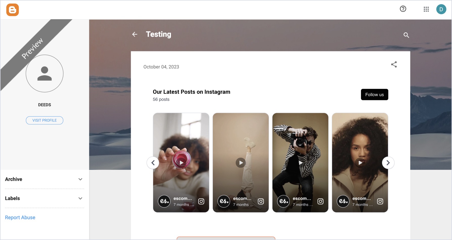 Bloggerに埋め込まれたInstagramウィジェット