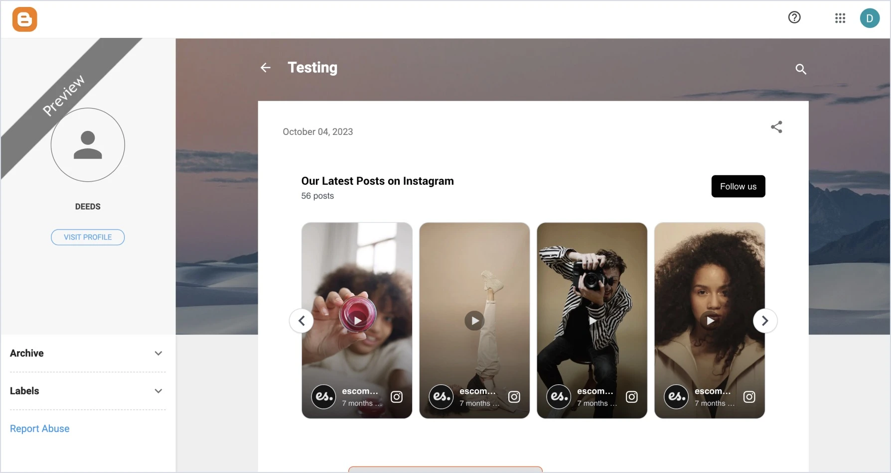 Intagram widget embedded in Blogger